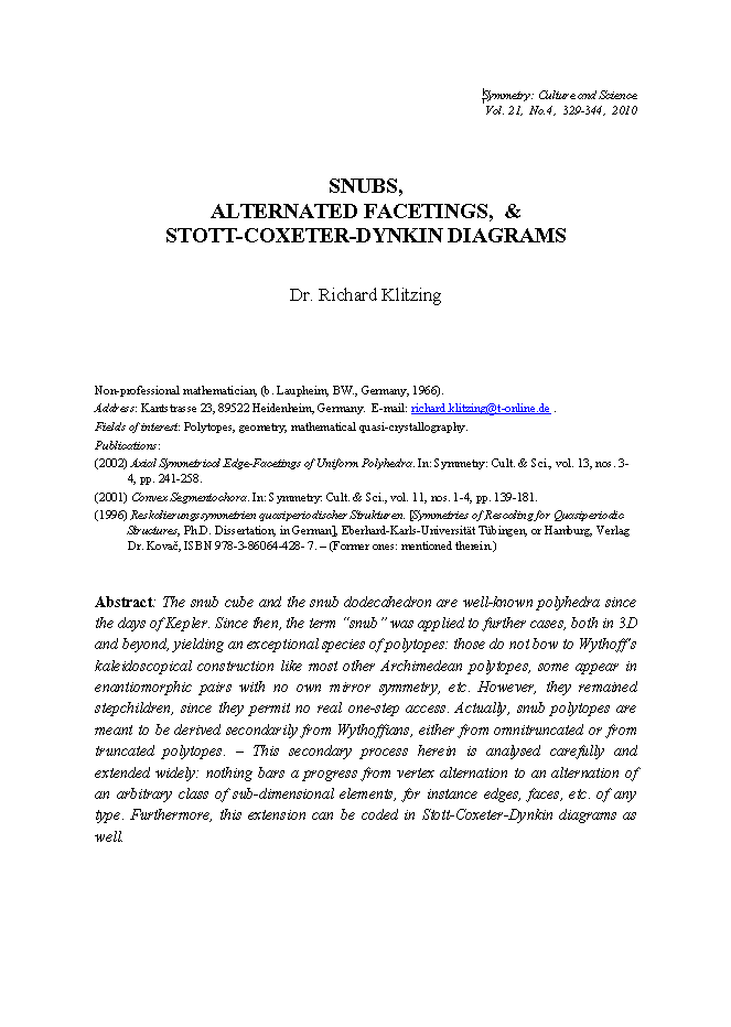 SNUBS, ALTERNATED FACETINGS, & STOTT-COXETER-DYNKIN DIAGRAMS